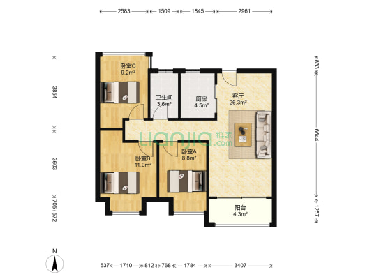 文一泊心湾 3室1厅1卫 91平方