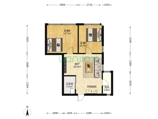 金茂大厦 2室1厅1卫 71平方