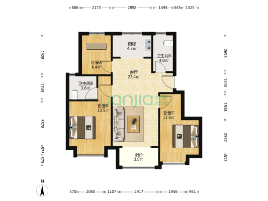 新城中梁长风雅著 3室1厅2卫 97平方