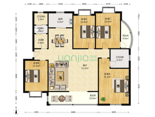 潩河苑 4室1厅2卫 170平方