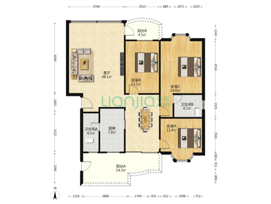 银宇花园 3室1厅2卫 134平方