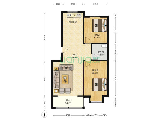 少海金都公馆 2室1厅1卫 94平方