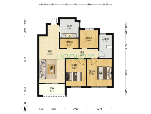 大明泽府 3室1厅1卫 95平方