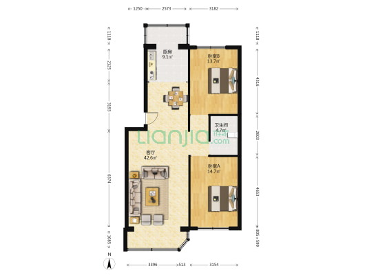 吉轩小区 2室1厅1卫 105平方