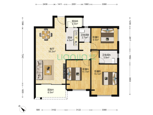 金沙城锦西观棠 3室1厅2卫 111平方