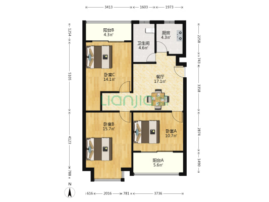 财富公寓 3室1厅1卫 96平方
