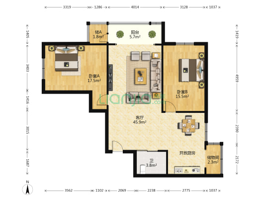 城市印象 2室1厅1卫 126平方