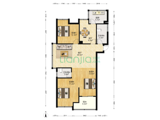 金汇花园 3室2厅2卫 122平方