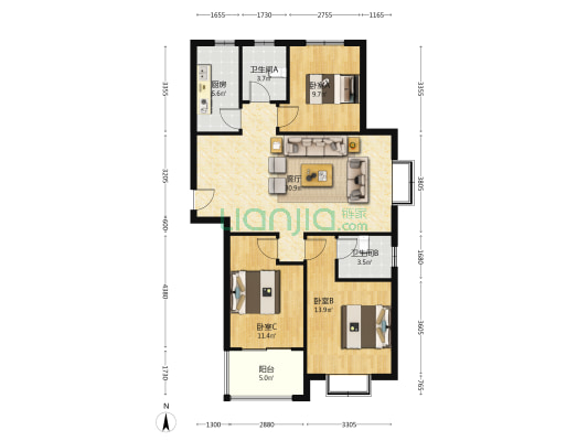 同美生活区 3室1厅2卫 86平方