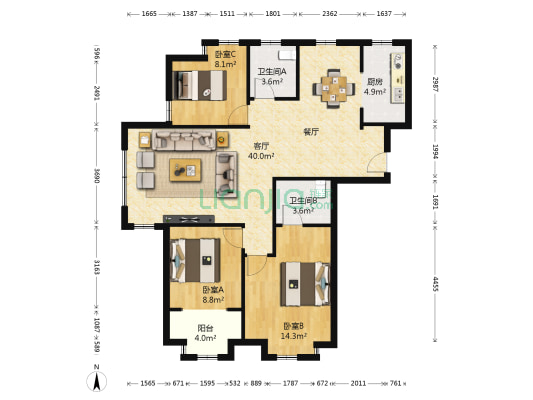 中茵龙湖国际南区 3室1厅2卫 129平方