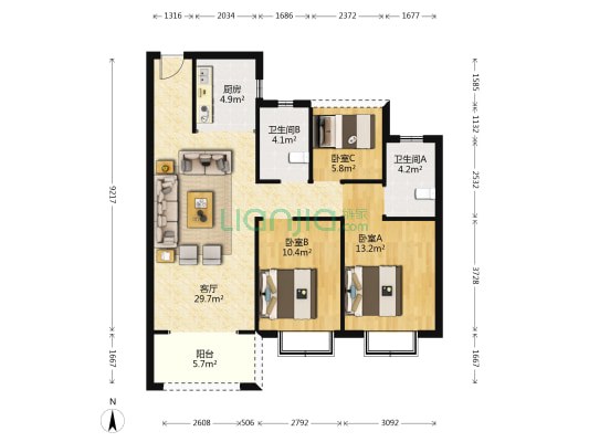 宝龙世家 3室1厅2卫 102平方