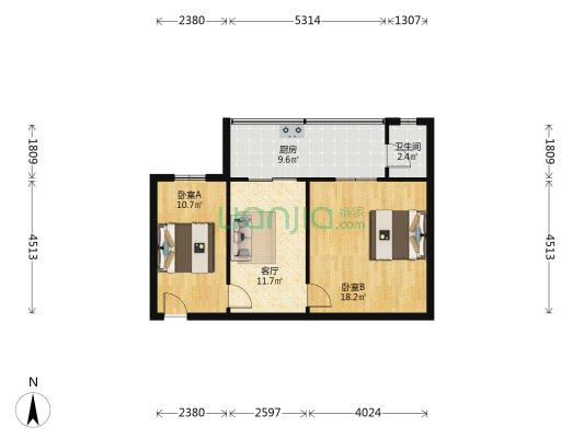 东糠市街3号 2室1厅1卫 59平方