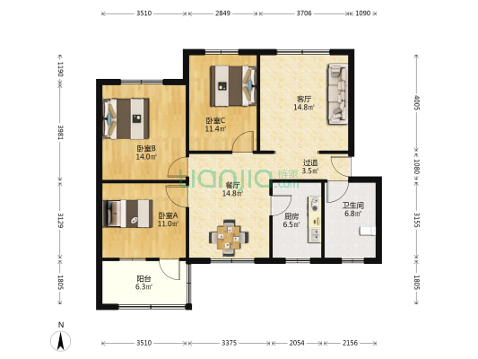 同庆花园小区 3室2厅1卫 113平方
