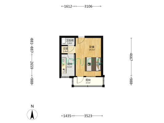 青年路5号院 1室0厅1卫 28平方