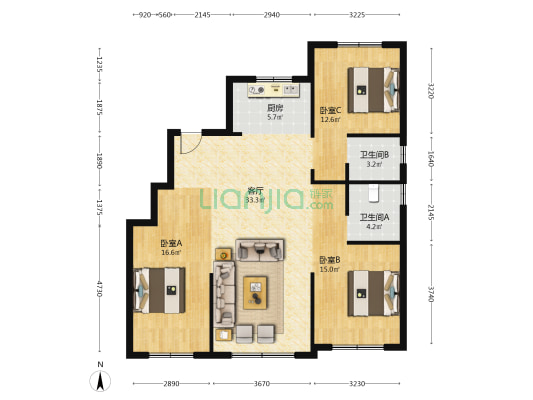 龙族誉珑府二期 3室1厅2卫 125平方