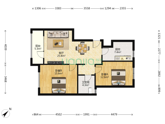 朗诗绿岛(公寓) 2室1厅1卫 92平方