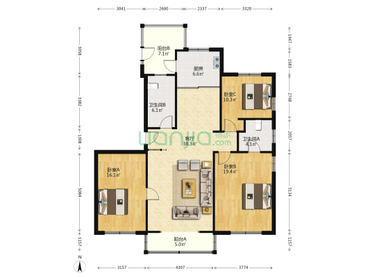 环海花园北区 3室1厅2卫 132平方