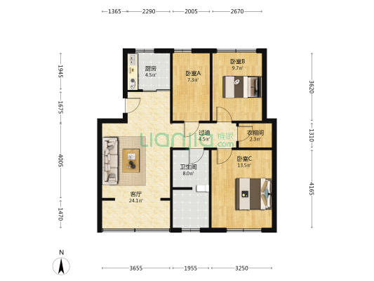 元和园 3室1厅1卫 88平方