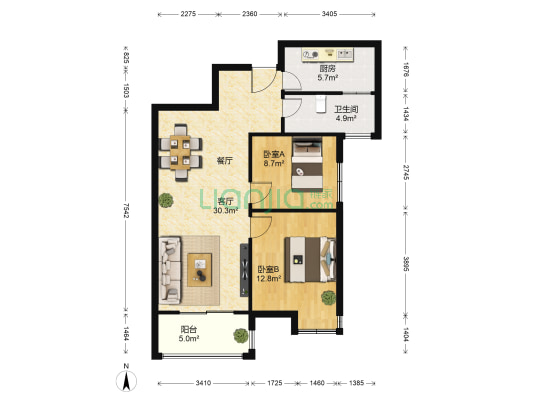 万达2号院 2室1厅1卫 85平方