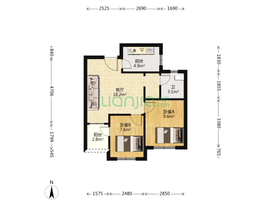 江北人才公寓 2室1厅1卫 67平方