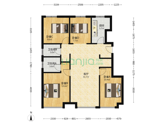 本房是经典的四叶草户型，房本满二南北三通透，双明卫-户型图