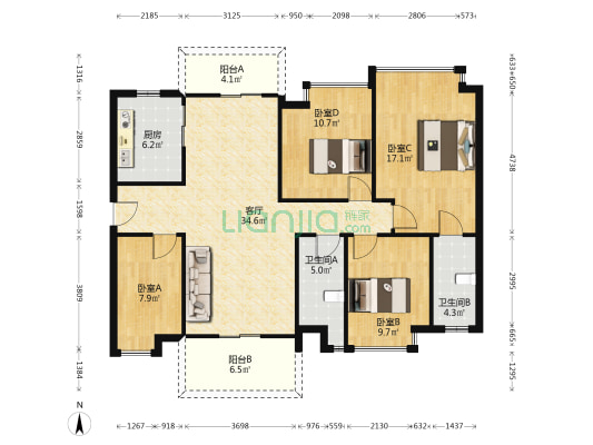 时代香海彼岸2期 4室1厅2卫 129平方