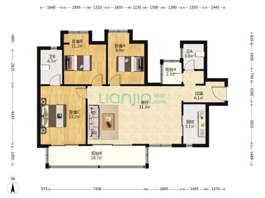 融信澜天 3室1厅2卫 123平方
