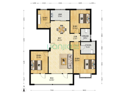中铁城东郡 4室1厅2卫 150平方