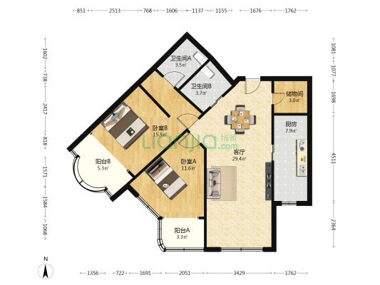 伊泰利大厦 2室1厅2卫 117平方