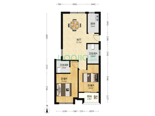 合嵣悦府东区 2室1厅2卫 80平方