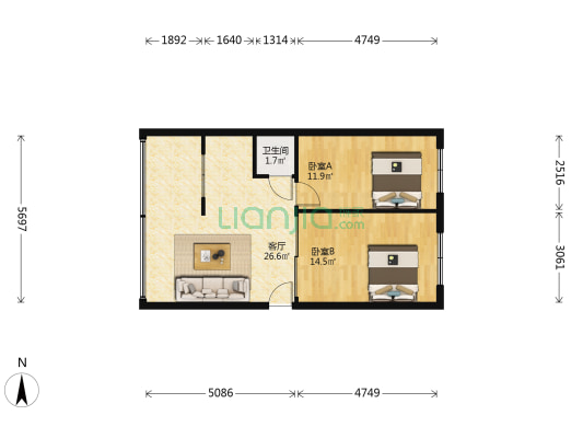 中华中路87号 2室1厅1卫 64平方