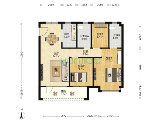 绿地国科熙园 3室1厅2卫 112平方