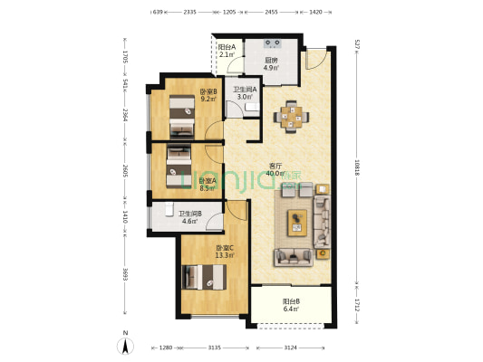 隆生仲恺花园2区 3室1厅2卫 112平方