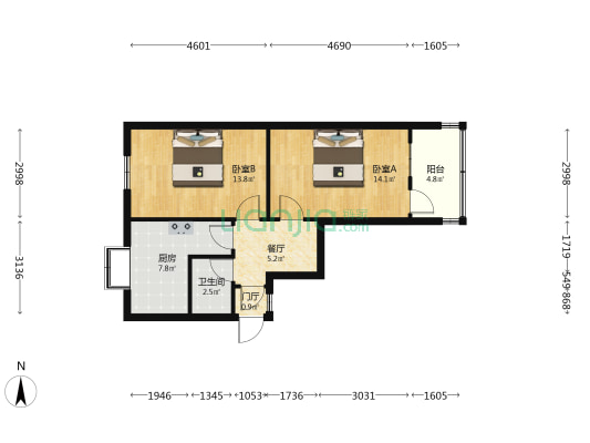 五中家属院 2室1厅1卫 56平方