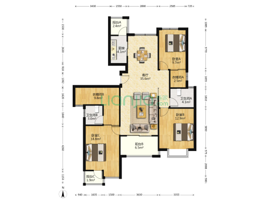 丽景华都景园 3室1厅2卫 152平方