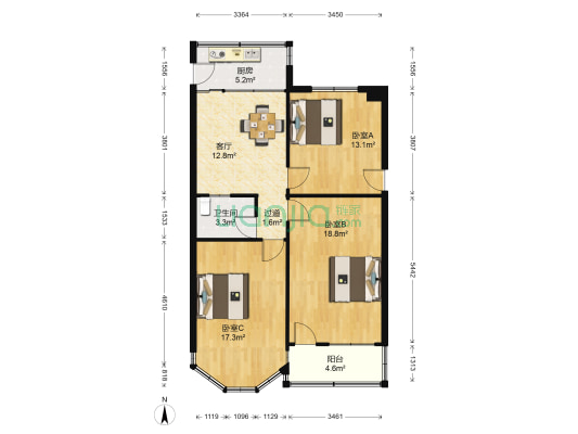 钱王街288号 3室1厅1卫 81平方