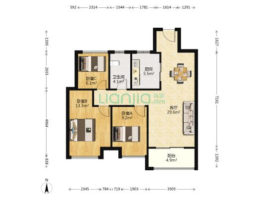 万科湖西玲珑 3室1厅1卫 89平方