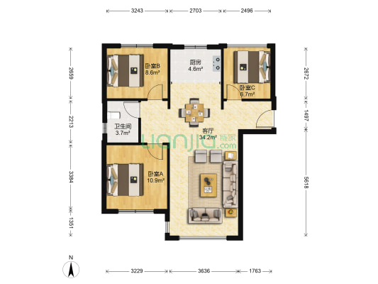 三寰融创城南园 3室1厅1卫 90平方