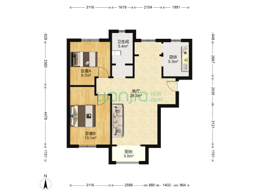 华城馨苑 2室1厅1卫 97平方