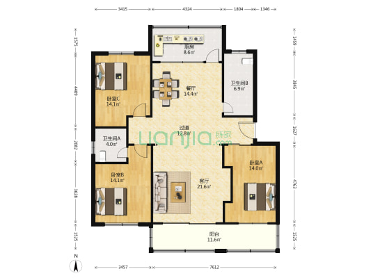 中狮小区 3室2厅2卫 145平方