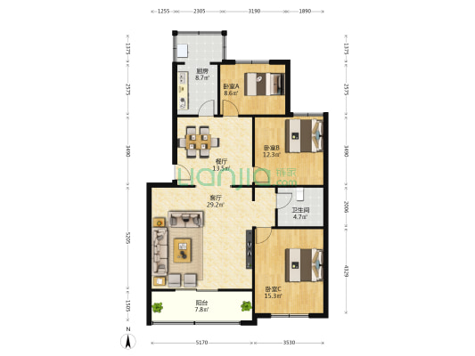 憩园小区 3室2厅1卫 121平方