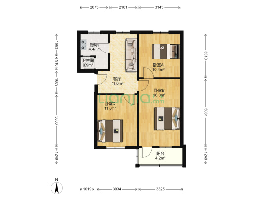 上海路橡胶厂宿舍 3室1厅1卫 74平方