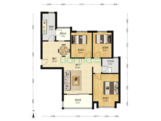 林语天境 3室2厅1卫 121平方