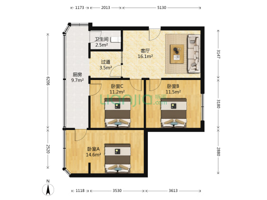 一环路北四段110号 3室1厅1卫 76平方