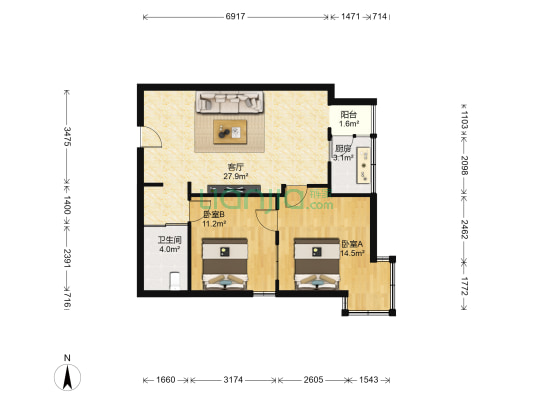 汉杰天赐良苑 2室1厅1卫 77平方