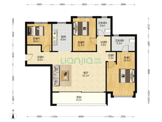 万科城山望 3室1厅2卫 135平方
