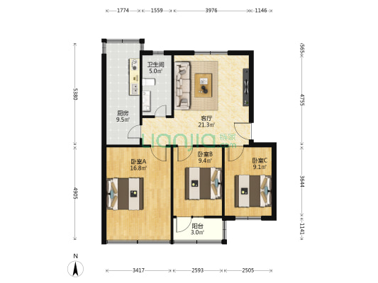 绿文社区 3室1厅1卫 86平方