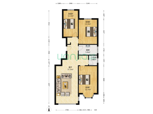 出售； 钻石精品三居，南北通透一梯两户-户型图