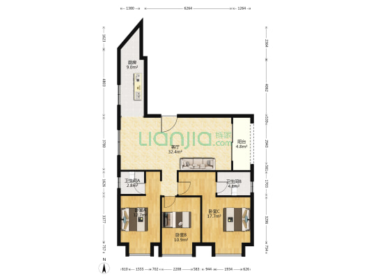 昆明湖湖珀 3室1厅2卫 119平方