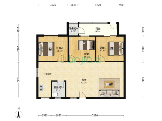 昌盛小区 3室1厅2卫 95平方